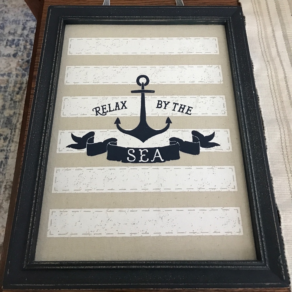 Cute 11x14 Relax By The Sea sign. Navy and linen.